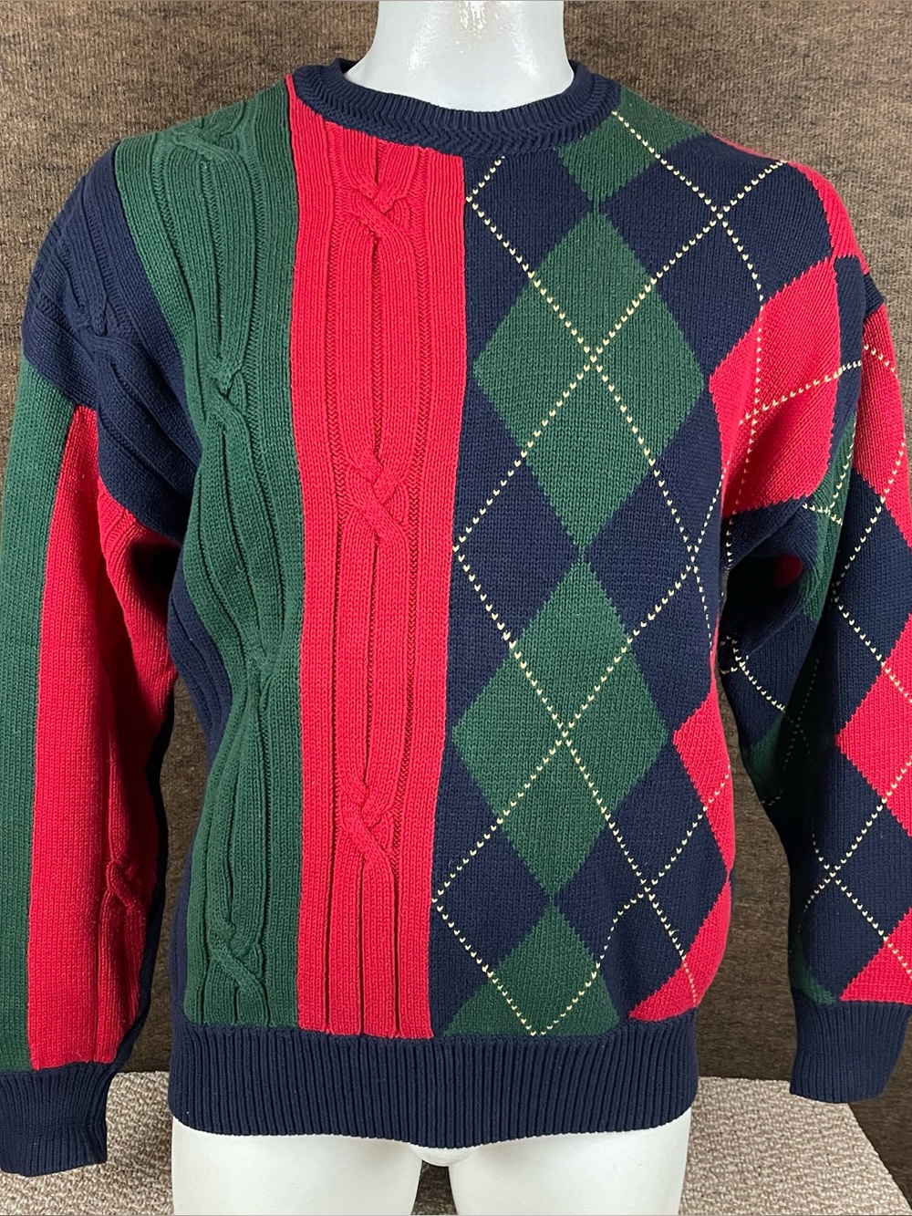 Vintage 90s Nautica Sweater Mens Large Red Blue Green Argyle Cable Knit 90s 10